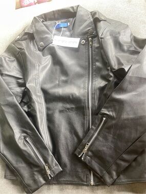 Black Faux Leather Asymmetrical Bomber Jacket - Unbranded